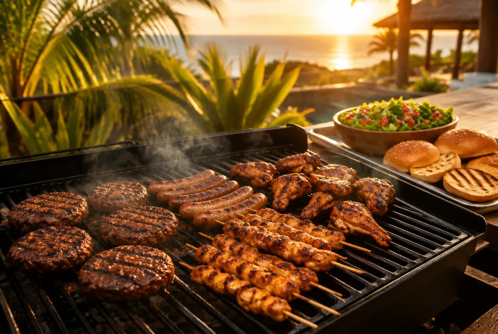 Mixed grill BBQ with burgers, chicken wings and sausages