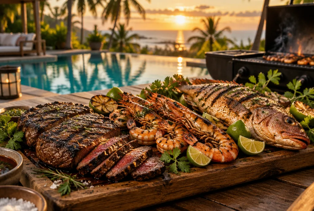 Surf and turf BBQ with steak, prawns and red snapper